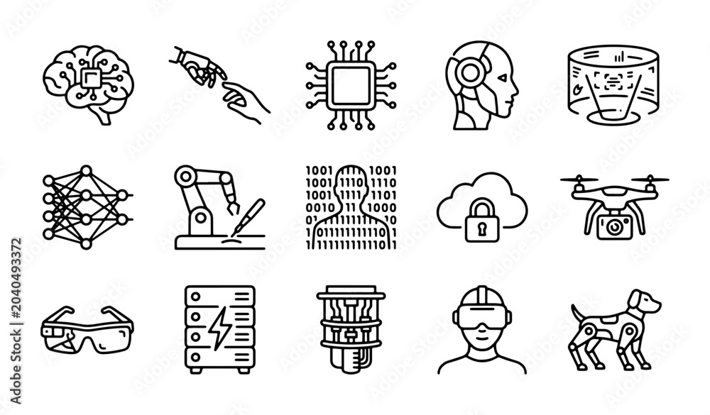 Fototapeta premium Technology Icons Set: AI, Robotics, Data, VR, Drone, Brain, Future Concepts