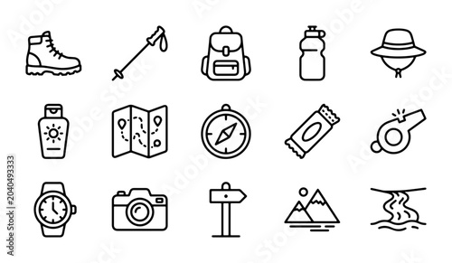 Outdoor Adventure Icons Set: Hiking Gear, Navigation Tools, and Travel Essentials Vector Collection