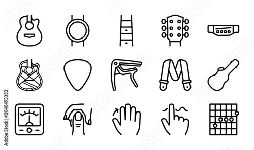 Fényképezés Guitar Accessories Icons Set: Music Tools, Tuning, Picks, Capos, Straps, Tuners,