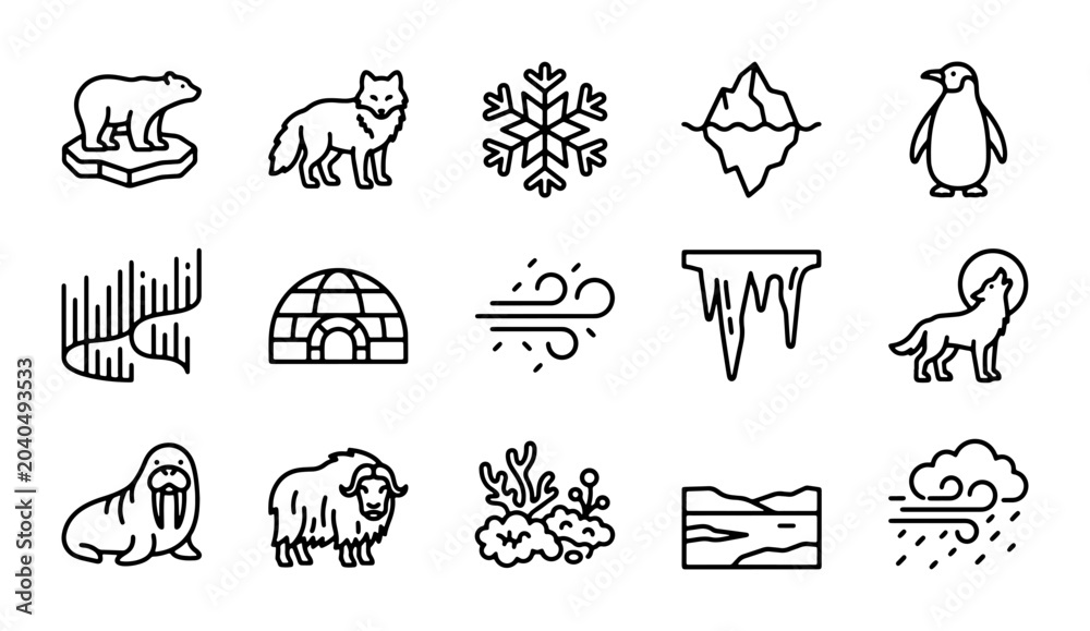 Obraz premium Arctic Icons Set: Polar Bear, Penguin, Wolf, Aurora, Igloo, Iceberg, Walrus, Musk Ox, Snowflake, Wind, Icicles, Cold Weather, Winter Nature