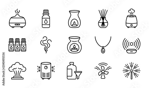 Aromatherapy Diffuser Icons Set, Essential Oil Burner Vector Graphics, Air Freshener Symbols