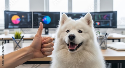 Happy Samoyed Dog Gives Thumbs Up in Modern Office with Multiple Monitors.