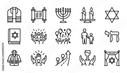 Foto Jewish Holiday Icons Set: Menorah, Torah, Star of David, Kiddush Cup, Chuppah, P