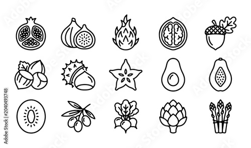 Foto Fresh Fruit and Vegetable Icons: Healthy Food Graphics, Organic Produce Line Art