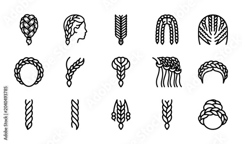 Braided Hairstyles Vector Icons: Elegant Hair Designs, Beauty Salon Graphics, Hairdressing Styles
