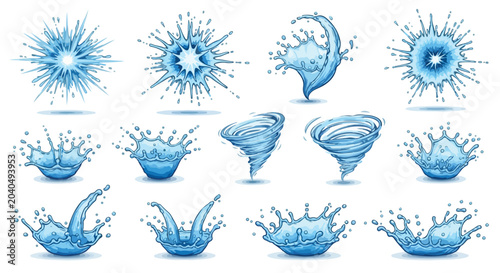 Blue water splash vector set, liquid crown and ripple effects, 13 realistic water drop elements, dynamic whirlpool and wave icons for beverage design