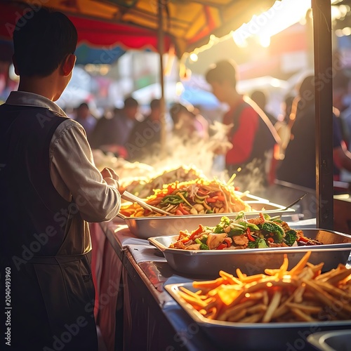A man stands behind a street food stall with various dishes