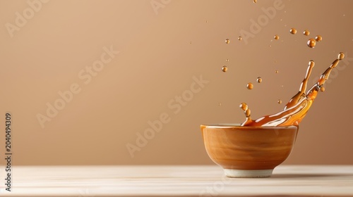 Artistic splash of ponzu sauce on a minimalist background, showcasing its thin consistency and light color.