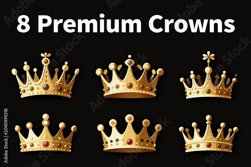 A set of eight golden crowns on a black background