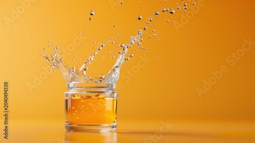 Artistic splash of fish sauce on a minimalist background, showcasing its liquid consistency and amber hue.
