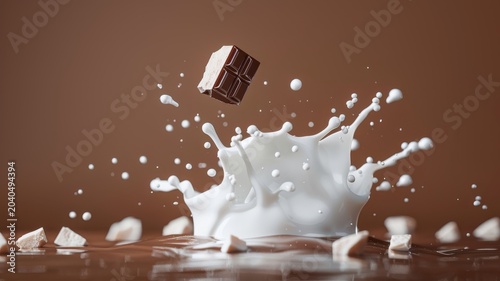 3D podium with melted chocolate texture and milk splash, ideal for highlighting products in a smooth, dark studio.