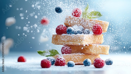 Surreal French toast floating in an abstract background with fresh berries and powdered sugar drifting around.