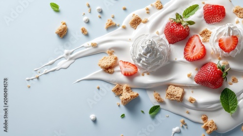 Ingredients like strawberries, cream cheese, and graham crackers swirling together to form a vibrant cheesecake.