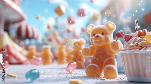 Gummy bears in a parade, adorned with accessories in a colorful candyland.