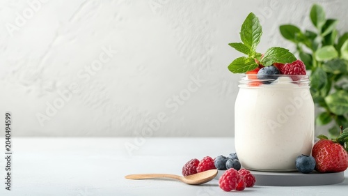 Sleek yogurt jar with colorful fruits and minimalist spoon on a modern kitchen counter.