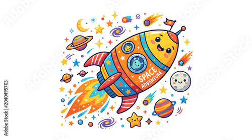 Cute cartoon rocket ship flying through colorful galaxy with stars and planets