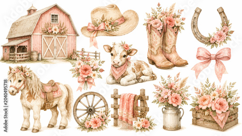 Watercolor cute cowgirl chic vector clipart set with pink barn, horse, baby calf, and floral cowboy boots