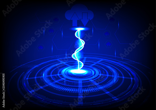Abstract background technology of connection to transmit data with cloud computing icons by a wave of information and electric current that exchanges back and forth.