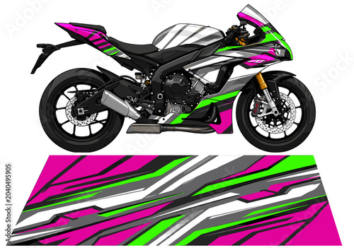 Sportbike livery design with pink green and grey accents.