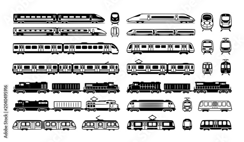 Minimalist Train Icon Set with Railway and Metro Transportation Vector Illustrations