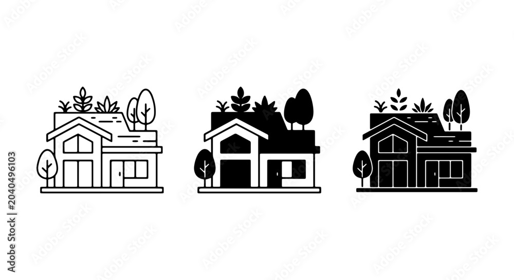 Naklejka premium Eco-friendly House Icons: Green Building Vector Set, Sustainable Architecture Design, Modern Home Illustration