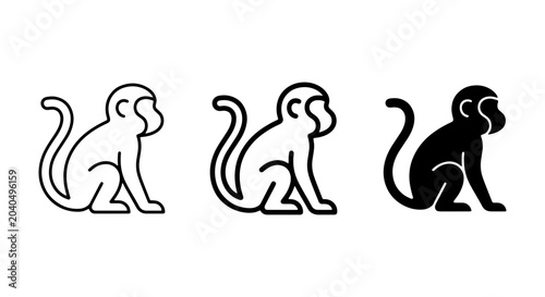 Photography Monkey Icons Set: Simple Line Art, Outline, and Silhouette Vector Graphics for W