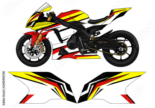 Yellow and red sportbike racing livery design template.