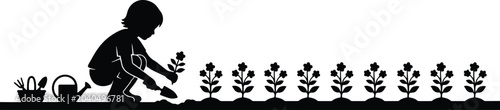 Child gardening silhouette vector, young boy planting flowers in garden bed, small kid with watering can and hand trowel tools isolated on White Background