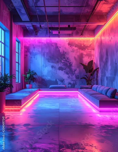 A futuristic room with neon lights and concrete walls