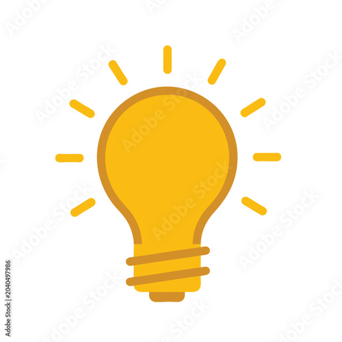 Flat Vector Illustration of a Glowing Yellow Light Bulb Icon.