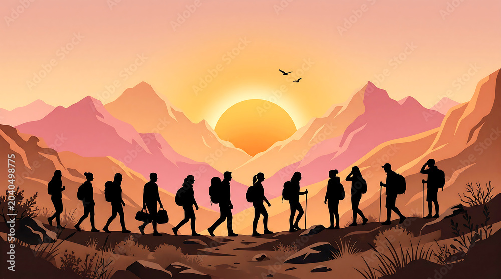 Fototapeta premium Large group of people hiking in a line across mountain range during sunset golden hour