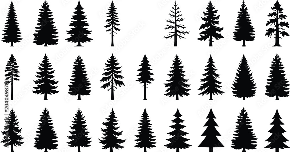 Fototapeta premium Diverse evergreen tree silhouettes, a collection of 30 distinct coniferous forest elements, ideal for nature-themed designs, winter landscapes, and outdoor branding projects