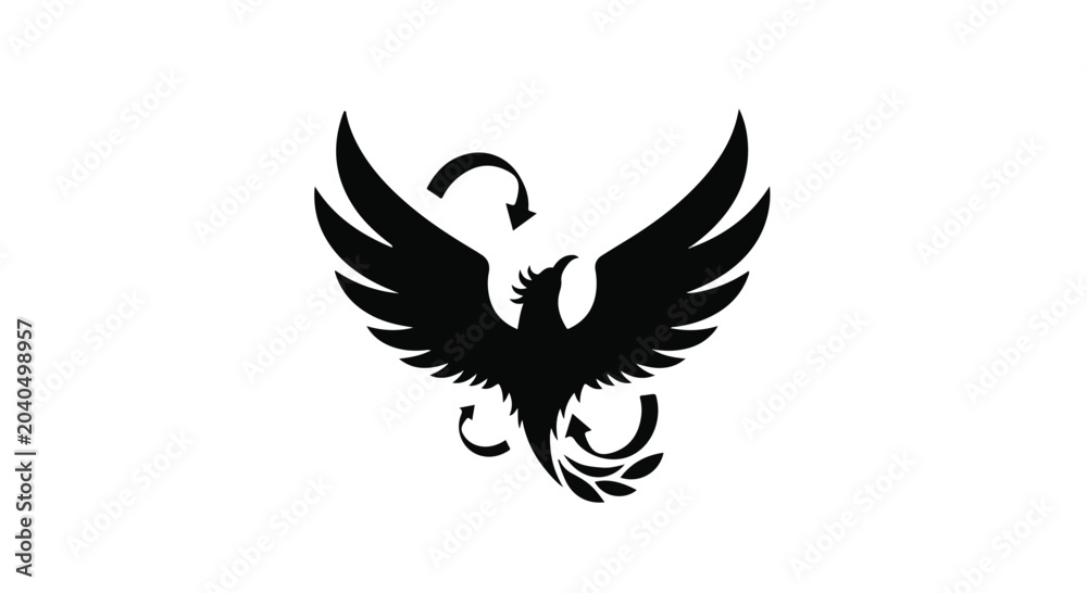 Fototapeta premium Majestic black phoenix with stylized wings and laurel wreath on white background