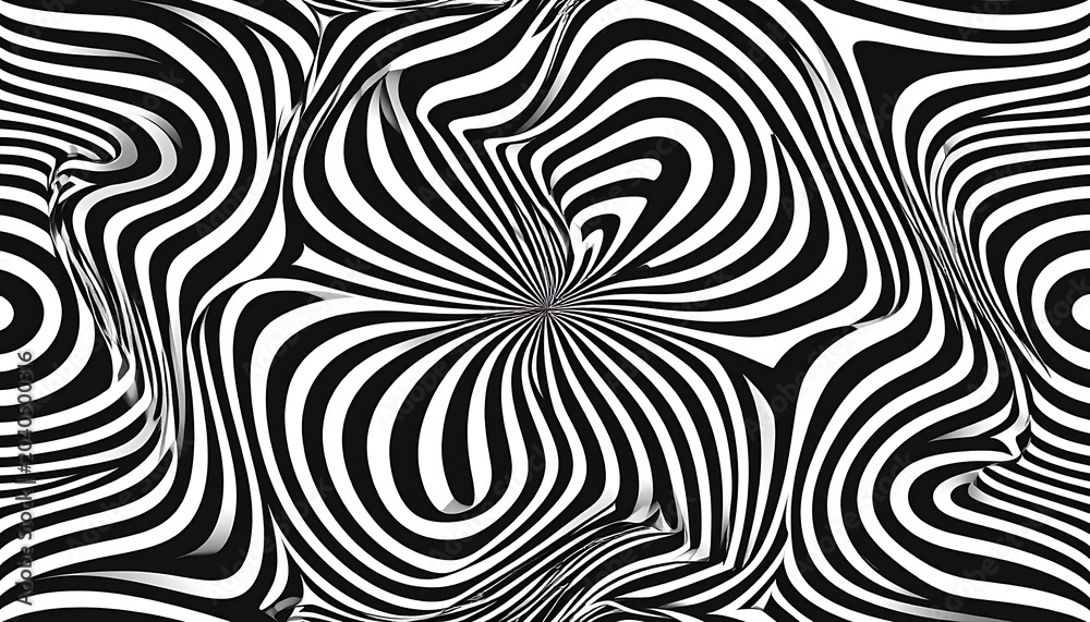 Fototapeta premium Abstract black and white swirling optical illusion pattern with distorted wavy lines and hypnotic effect