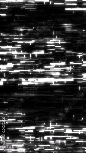 Monochrome digital glitch effect with black and white scanlines, flickering distortion, and seamless loop vertical video in 4K.