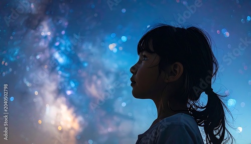 Woman looking up at starry night.