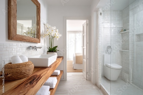 Bright, modern bathroom featuring a wood vanity, a glass-enclosed shower, and a view into a bedroom