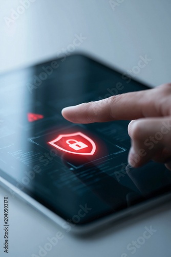 Finger Press Shield Icon on Tablet Screen for Data Protection Cybersecurity