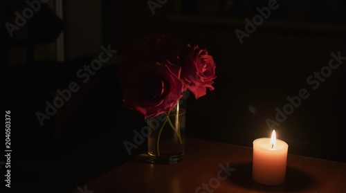 Red roses in a glass vase with a burning candle on a wooden table in a dark room