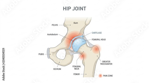 Detailed anatomical illustration of the human hip joint with pain zones highlighted