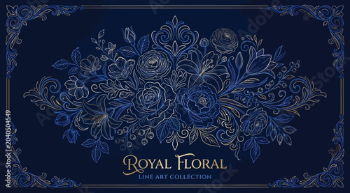 Valokuva Royal floral line art collection, elegant vintage botanical illustration with in