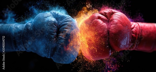 Conceptual image featuring two boxing gloves colliding with vibrant blue and red explosions on a black backdrop