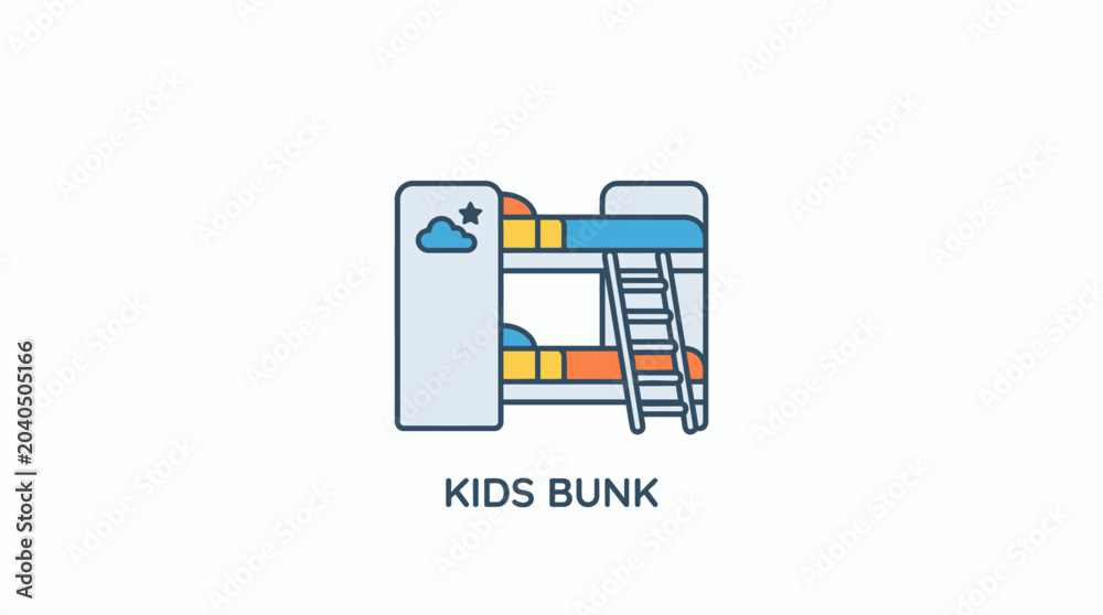 Fototapeta premium Bunk Bed Icon for Kids Room: Stacked Beds with Ladder, Cloud, and Star