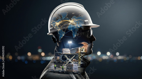Double exposure silhouette global supply chain resilience concept logistics network worker wearing safety helmet at night port terminal with freight cargo loading connection line light bokeh city