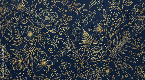 Obraz na płótnie Seamless floral pattern with golden line art flowers on a dark navy blue backgro