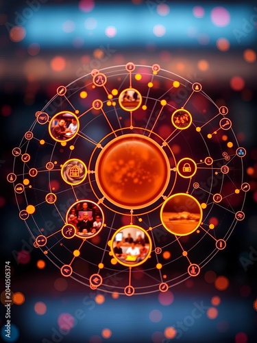 Circles of interconnected nodes representing workflow and productivity, productivity, data analysis
