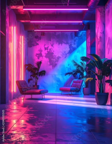 A futuristic room with neon lights and plants (266)