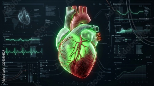 High-tech 3D render of a human heart with an intense green glowing echocardiogram mesh and red necrotic zone, integrated into a futuristic medical HUD with global data.