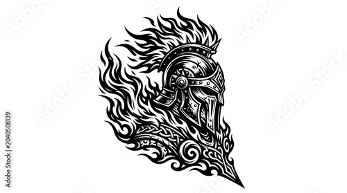 Ancient Greek warrior helmet on fire.