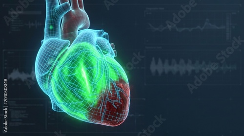 Translucent 3D digital render of a human heart highlighting cardiac infarction in red, covered by a diagnostic green wireframe mesh against a background of waveform graphs.